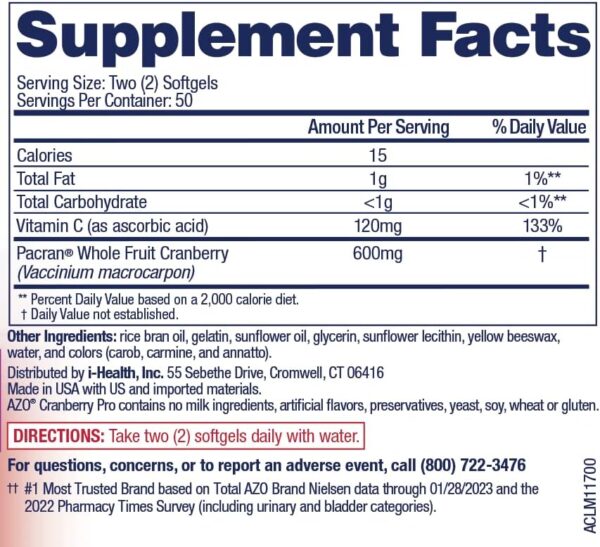AZO Cranberry Pro Urinary Tract Health Supplement 600mg PACRAN, 1 Serv... - Image 4