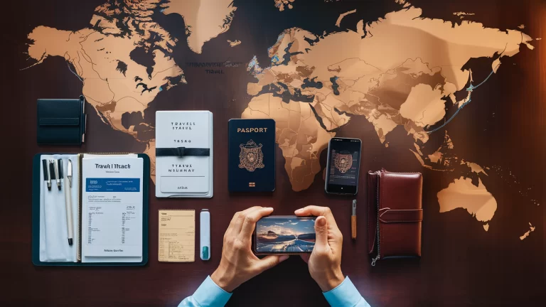 image depicting a well-organized traveler's desk with neatly arranged essential travel documents, including a passport, visas, travel insurance, vaccination certificates, flight itinerary, and a travel wallet. Include a smartphone displaying a travel app, highlighting the importance of digital backups. The background should feature a world map, symbolizing international travel, with a warm and inviting ambiance.