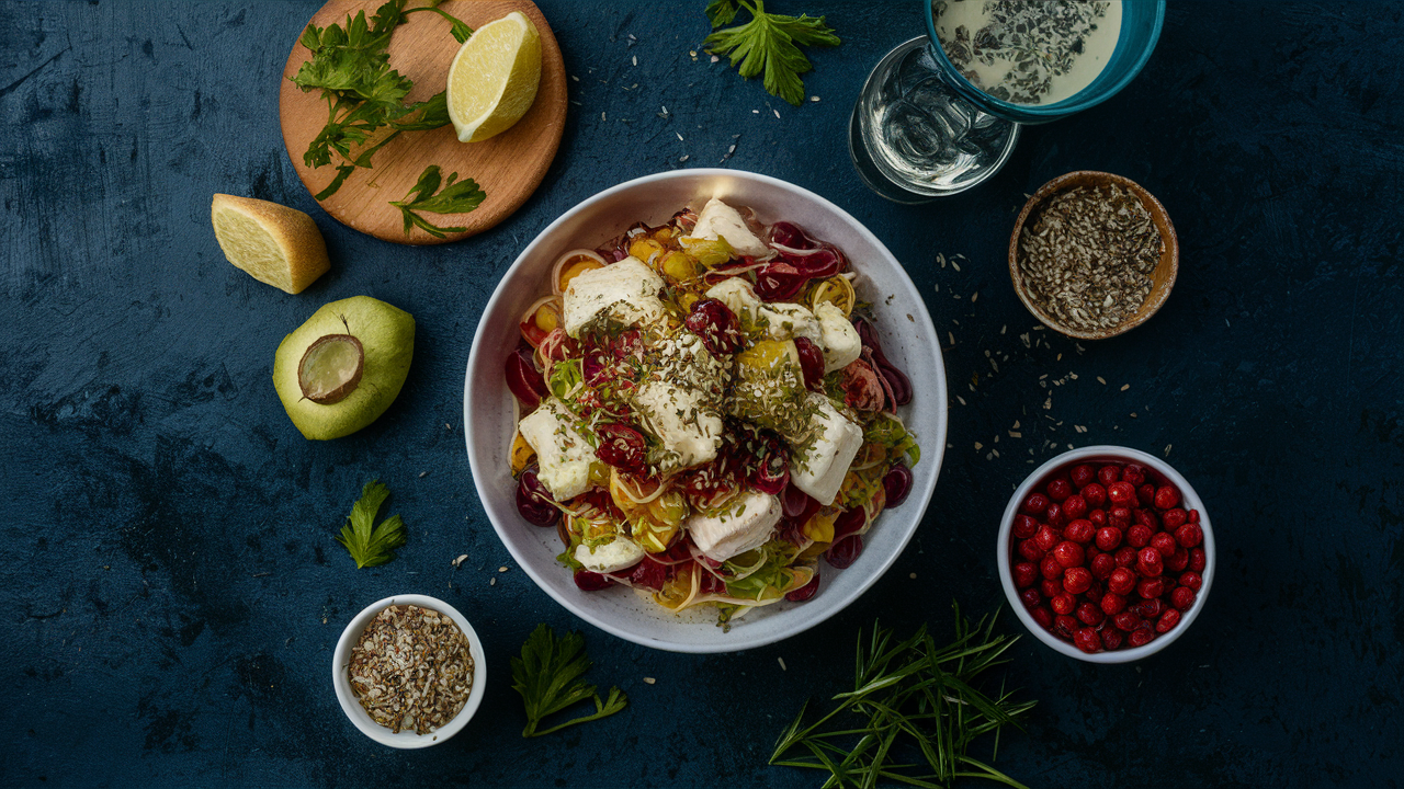 an image with beautiful food next to a beautiful landscape