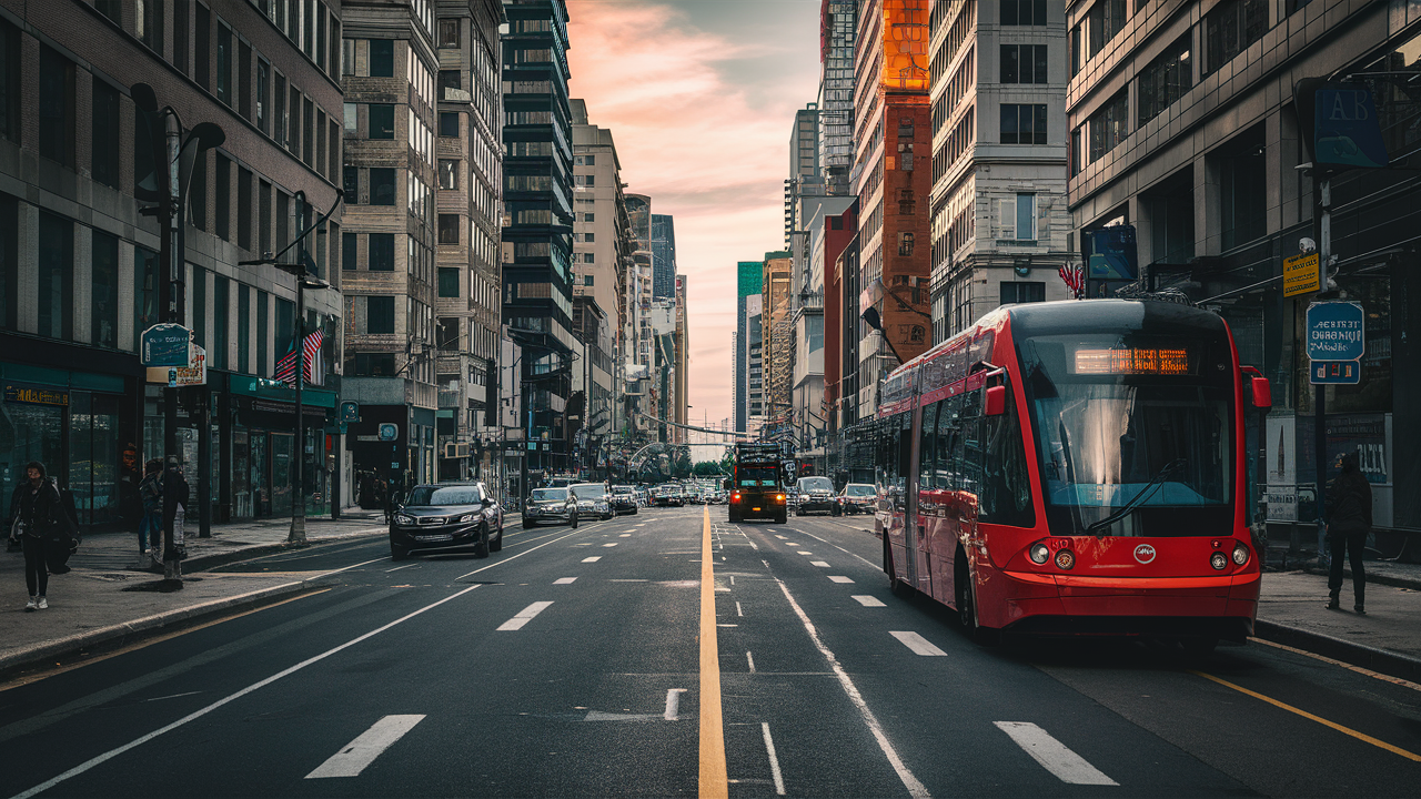 an image showcasing a vibrant cityscape with various modes of public transport, including buses, trams, and trains. Highlight key features such as people using travel apps, travelers waiting comfortably at stations, and diverse individuals enjoying their commute. Emphasize efficiency, comfort, and the interconnectedness of different transport modes, set against a backdrop of bustling urban life.