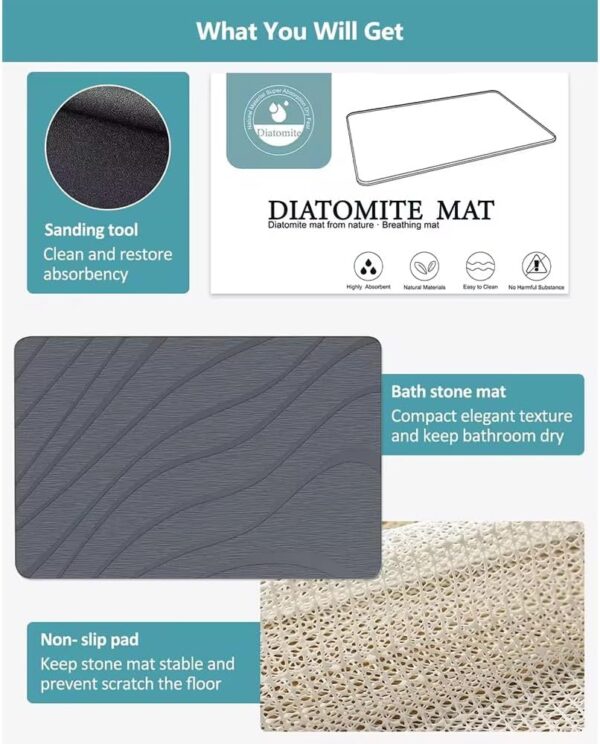 Diatomaceous Earth Bath Mat for Bathroom, 24 x 15 Inch Ultra Absorbent Bath Mat,Fast Dry Stone Drying Mat, Non Slip Modern and Stylish Design (Light Grey-Subtle) - Image 3