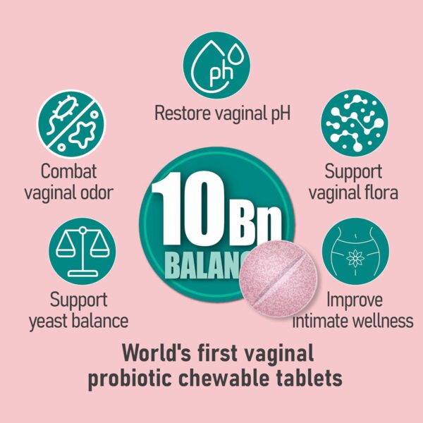 Chewable Vaginal Probiotics for Women 10 Billion CFU + Organic Prebiotics, Improves Vaginal Health, Combats Vaginal Odor & Restores Vaginal pH Balance for Women, Strawberry Tablets - Image 4