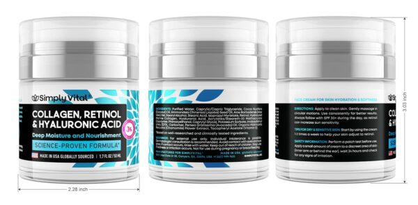 SimplyVital Collagen, Retinol & Hyaluronic Acid Cream - Anti-Aging Face Moisturizer for Face, Firming Skin Care Neck & Décolleté - Made in USA, Daily Moisturizer Face Cream Day & Night - 1.7 fl.oz. - Image 10