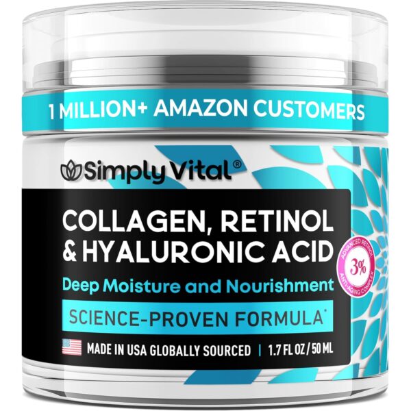 SimplyVital Collagen, Retinol & Hyaluronic Acid Cream - Anti-Aging Face Moisturizer for Face, Firming Skin Care Neck & Décolleté - Made in USA, Daily Moisturizer Face Cream Day & Night - 1.7 fl.oz. - Image 2