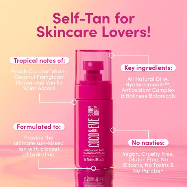Coco & Eve Antioxidant Face Tanning Micromist. Sunless Self Tanning Face Mist with Antioxidants to Boost Hydration. Quick, Flawless, Streak Free Face Tan. (2.54 fl oz) / (75ml) - Image 5
