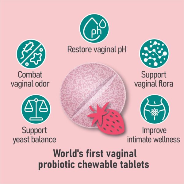 Chewable Vaginal Probiotics for Women 10 Billion CFU + Organic Prebiotics, Improves Vaginal Health, Combats Vaginal Odor & Restores Vaginal pH Balance for Women, Strawberry Tablets - Image 8