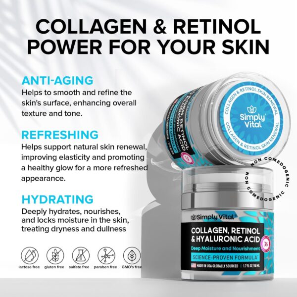 SimplyVital Collagen, Retinol & Hyaluronic Acid Cream - Anti-Aging Face Moisturizer for Face, Firming Skin Care Neck & Décolleté - Made in USA, Daily Moisturizer Face Cream Day & Night - 1.7 fl.oz. - Image 4