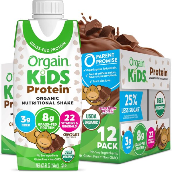 Orgain Organic Kids Protein Nutritional Shake, Chocolate - 8g of Protein, 22 Vitamins & Minerals, Fruits & Vegetables, Gluten Free, Soy Free, Non-GMO, 8.25 Fl Oz (Pack of 12) - Image 2
