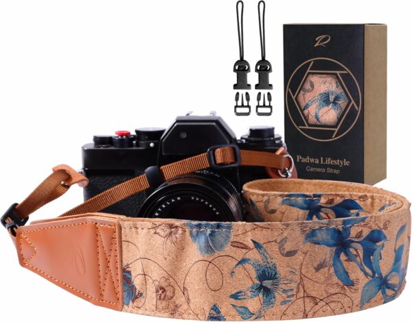 Padwa Lifestyle Cork Camera Strap - 2" Top Layer Cowhide Head Camera Straps for Photographers,Natural Log Crackle Art Print Style,Soft Chamois Velvet Padded Strap Quick Release fits All Cameras - Image 2