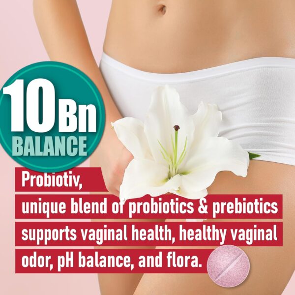 Chewable Vaginal Probiotics for Women 10 Billion CFU + Organic Prebiotics, Improves Vaginal Health, Combats Vaginal Odor & Restores Vaginal pH Balance for Women, Strawberry Tablets - Image 3