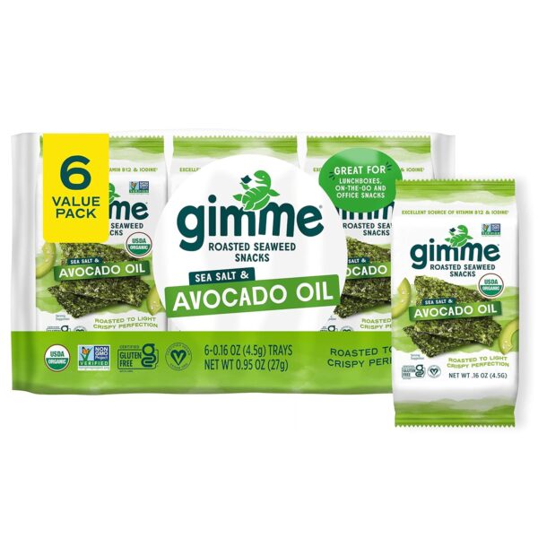 Gimme Seaweed Organic Premium Roasted Seaweed Snacks, Sea Salt & Avocado Oil, 6 Count, Keto, Vegan, Gluten-Free, Great Source of Omega3s and Iodine, Healthy On-The-Go Snack for Kids and Adults - Image 2