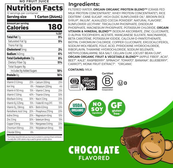 Orgain Organic Kids Protein Nutritional Shake, Chocolate - 8g of Protein, 22 Vitamins & Minerals, Fruits & Vegetables, Gluten Free, Soy Free, Non-GMO, 8.25 Fl Oz (Pack of 12) - Image 3