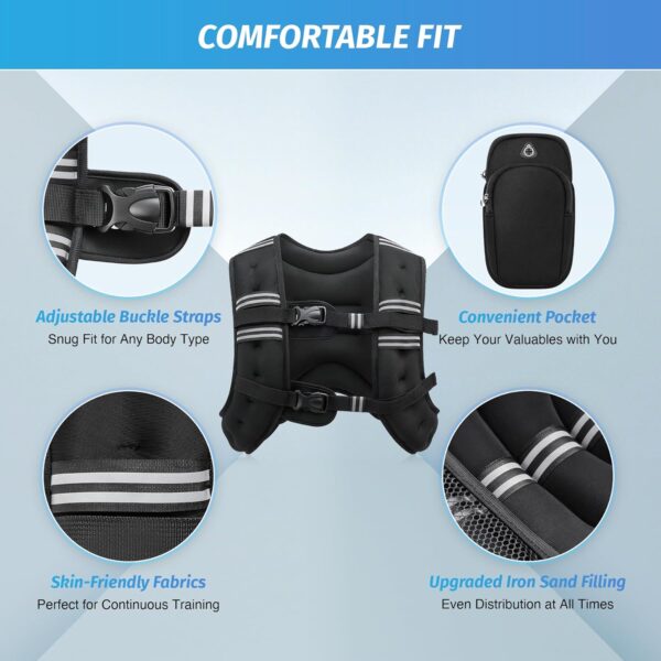 ZELUS Weighted Vest, 6lb/8lb/12lb/16lb/20lb/25lb/30lb Weight Vest with Reflective Stripe for Workout, Strength Training, Running, Fitness, Muscle Building, Weight Loss, Weightlifting - Image 3