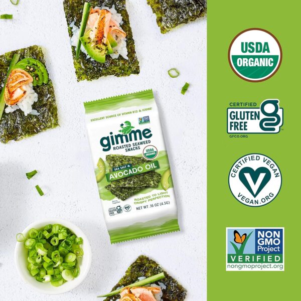 Gimme Seaweed Organic Premium Roasted Seaweed Snacks, Sea Salt & Avocado Oil, 6 Count, Keto, Vegan, Gluten-Free, Great Source of Omega3s and Iodine, Healthy On-The-Go Snack for Kids and Adults - Image 7
