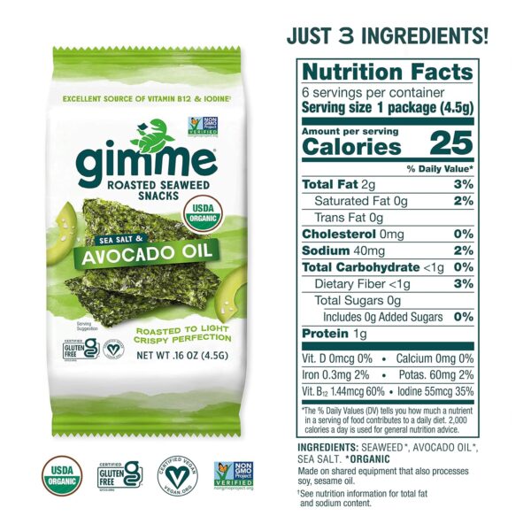 Gimme Seaweed Organic Premium Roasted Seaweed Snacks, Sea Salt & Avocado Oil, 6 Count, Keto, Vegan, Gluten-Free, Great Source of Omega3s and Iodine, Healthy On-The-Go Snack for Kids and Adults - Image 3